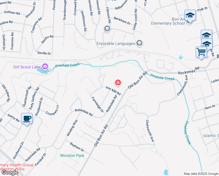map of restaurants, bars, coffee shops, grocery stores, and more near 10144 Iron Mill Road in Richmond