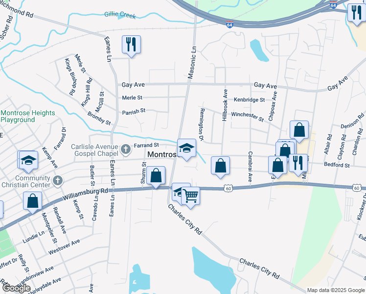map of restaurants, bars, coffee shops, grocery stores, and more near 4807 Brittles Lane in Richmond