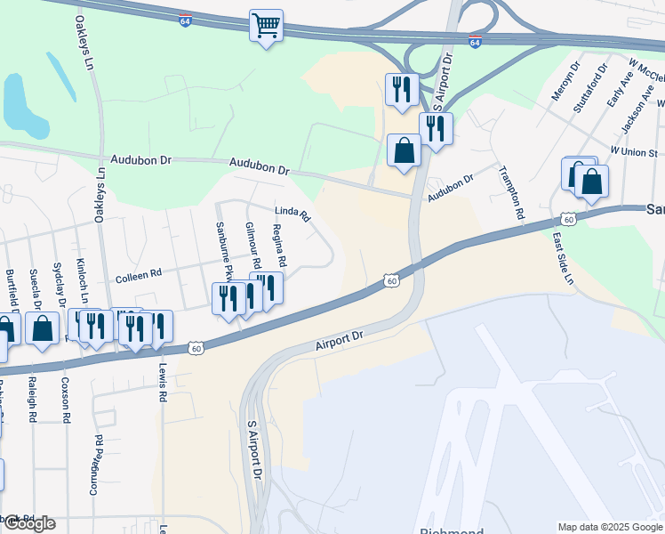 map of restaurants, bars, coffee shops, grocery stores, and more near 5724 Linda Road in Sandston