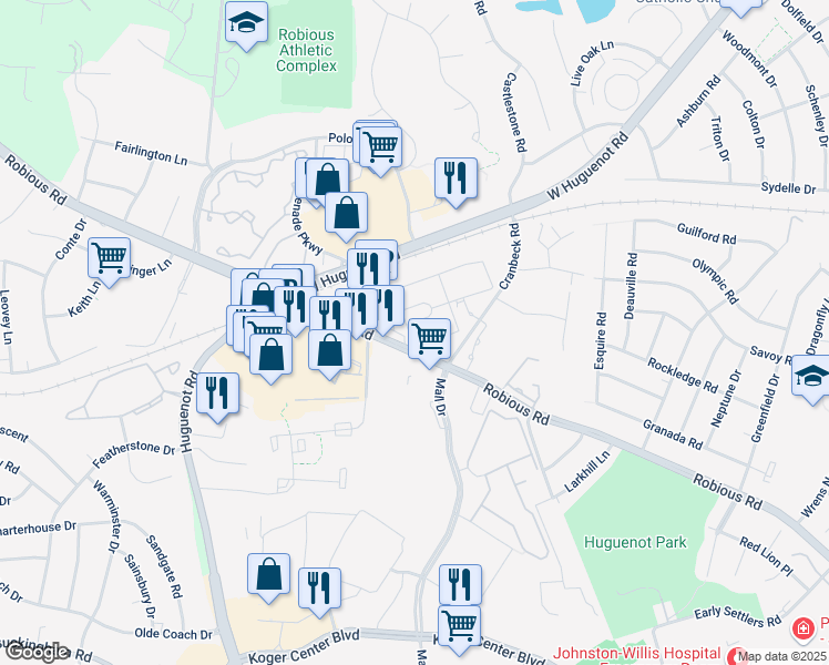 map of restaurants, bars, coffee shops, grocery stores, and more near 12004 Bellaverde Circle in Bon Air
