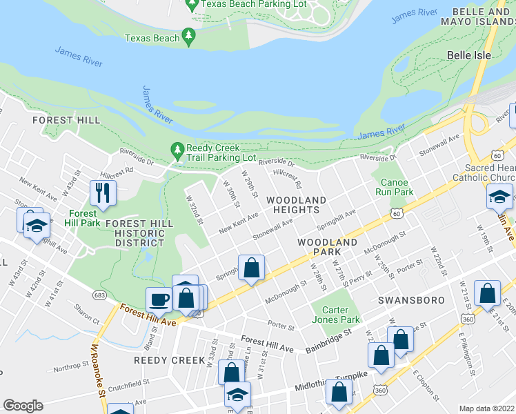 map of restaurants, bars, coffee shops, grocery stores, and more near 802 West 29th Street in Richmond