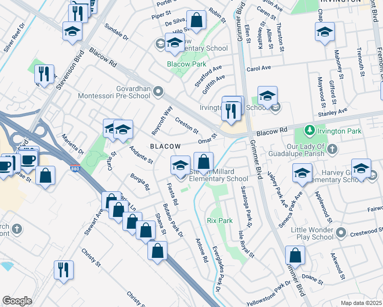 map of restaurants, bars, coffee shops, grocery stores, and more near 5341 Audubon Park Court in Fremont