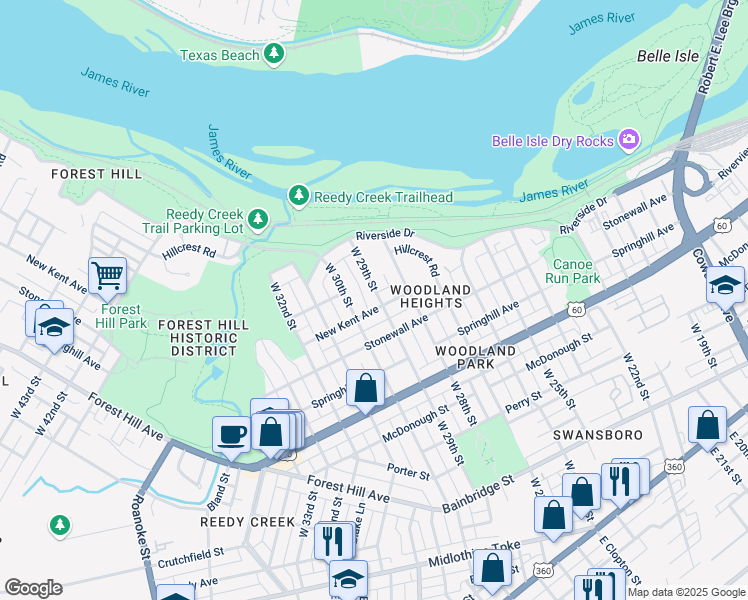 map of restaurants, bars, coffee shops, grocery stores, and more near 802 West 29th Street in Richmond