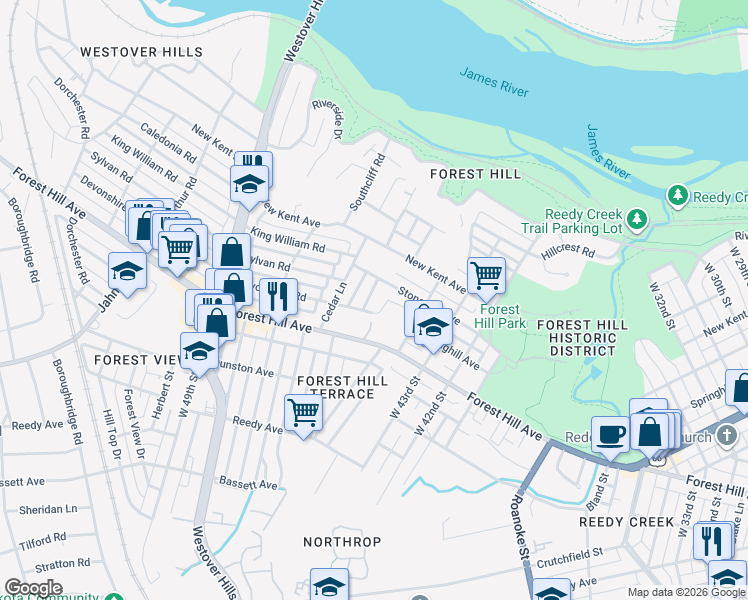 map of restaurants, bars, coffee shops, grocery stores, and more near 1505 West 45th Street in Richmond