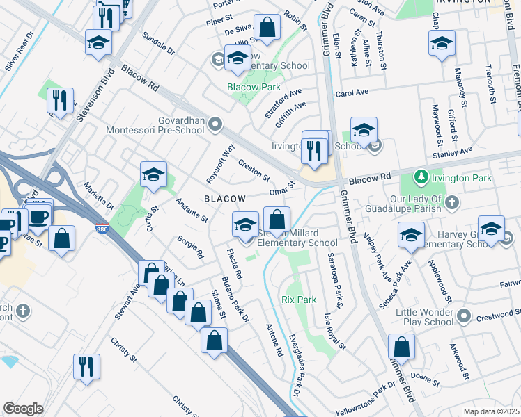 map of restaurants, bars, coffee shops, grocery stores, and more near 5341 Audubon Park Court in Fremont