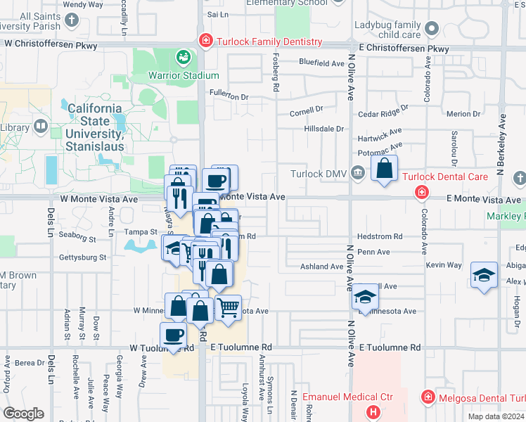 map of restaurants, bars, coffee shops, grocery stores, and more near 3101 James Lane in Turlock