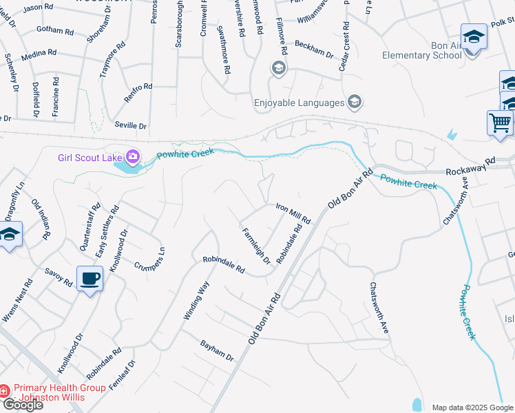 map of restaurants, bars, coffee shops, grocery stores, and more near 10242 Iron Mill Road in Richmond