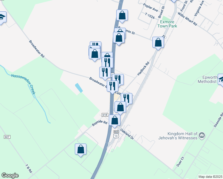 map of restaurants, bars, coffee shops, grocery stores, and more near US-13 & County Rd 652 in Exmore