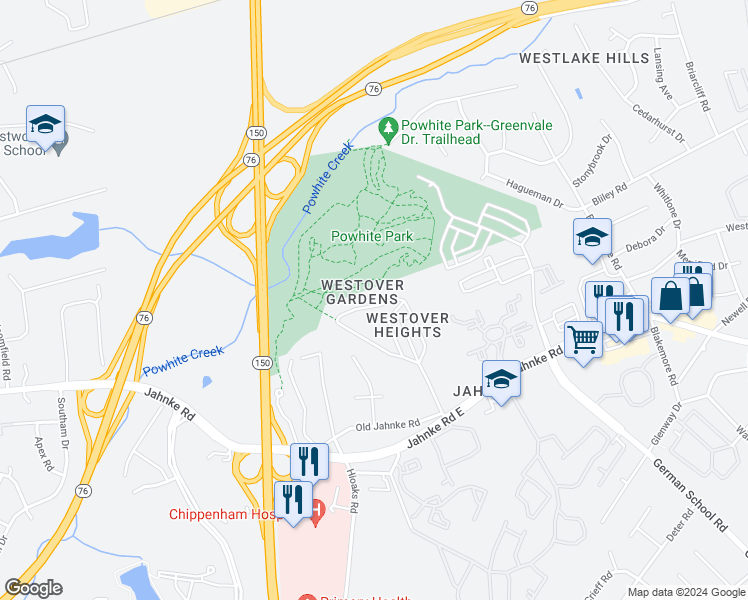 map of restaurants, bars, coffee shops, grocery stores, and more near 6822 Westcott Drive in Richmond