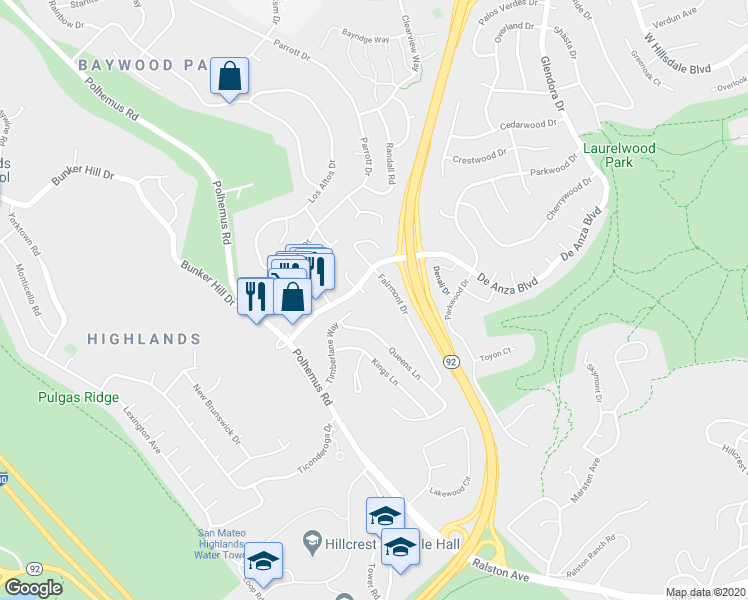 map of restaurants, bars, coffee shops, grocery stores, and more near 9 De Anza Court in San Mateo