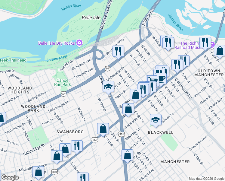 map of restaurants, bars, coffee shops, grocery stores, and more near 1514 Perry Street in Richmond