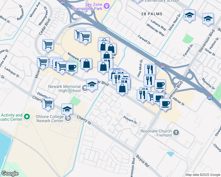 map of restaurants, bars, coffee shops, grocery stores, and more near 6023 Cedar Boulevard in Newark