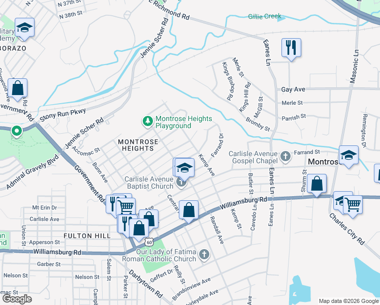 map of restaurants, bars, coffee shops, grocery stores, and more near 2215 Bailey Drive in Richmond