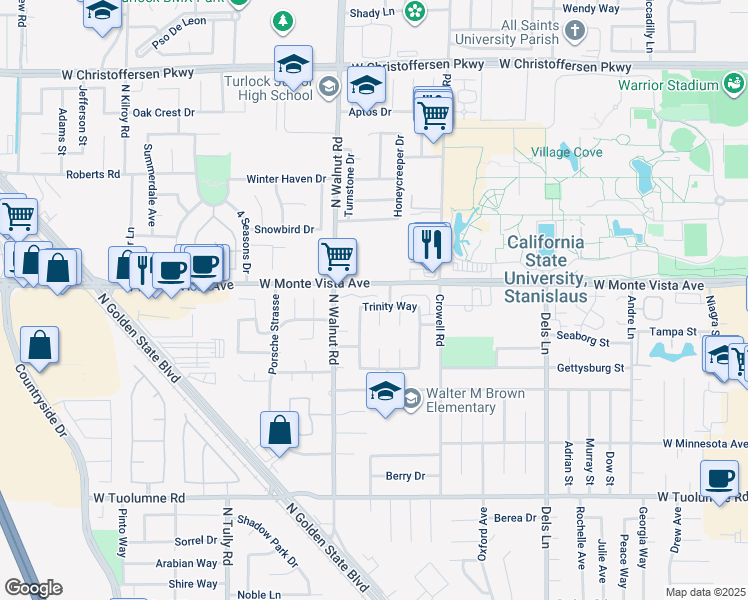 map of restaurants, bars, coffee shops, grocery stores, and more near 3180 North Walnut Road in Turlock