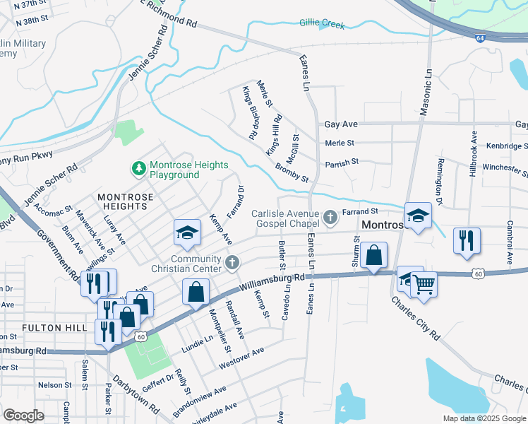 map of restaurants, bars, coffee shops, grocery stores, and more near 2300 Farrand Street in Richmond