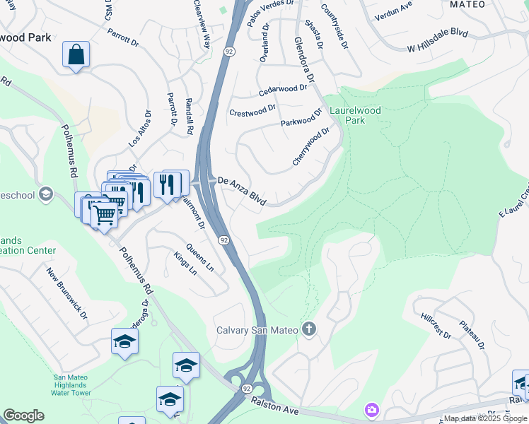 map of restaurants, bars, coffee shops, grocery stores, and more near 1637 Sugarloaf Drive in San Mateo