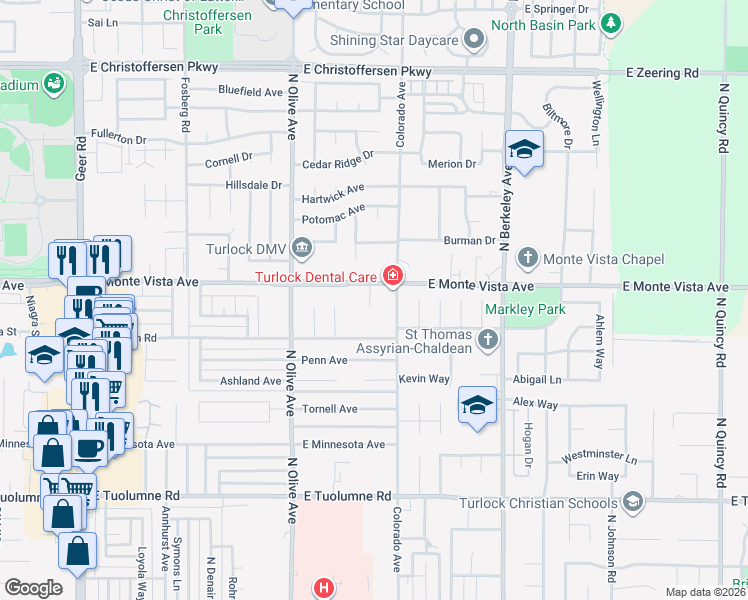 map of restaurants, bars, coffee shops, grocery stores, and more near 1000 East Monte Vista Avenue in Turlock
