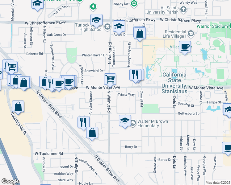 map of restaurants, bars, coffee shops, grocery stores, and more near 3135 North Walnut Road in Turlock