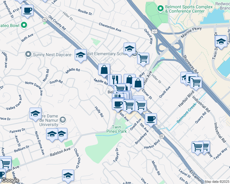 map of restaurants, bars, coffee shops, grocery stores, and more near 855 Laurel Avenue in Belmont