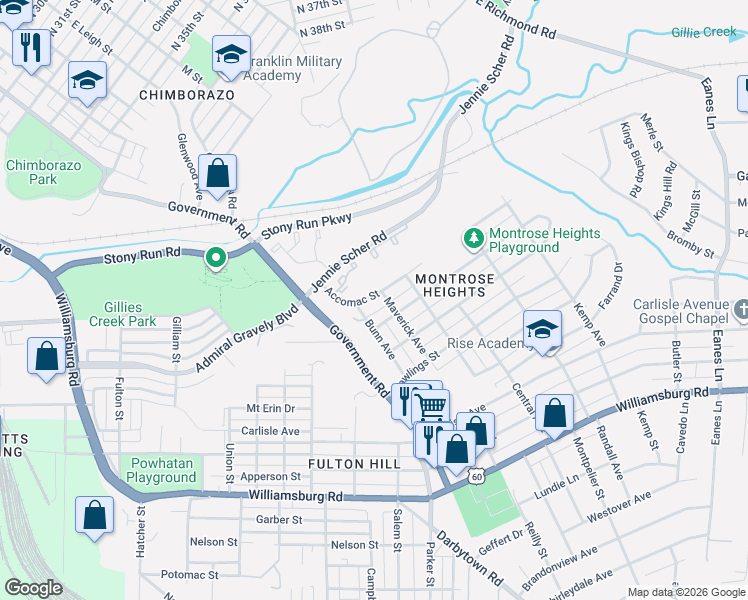 map of restaurants, bars, coffee shops, grocery stores, and more near 1710 Fenton Street in Richmond
