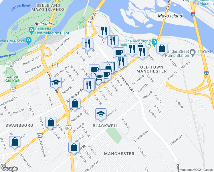 map of restaurants, bars, coffee shops, grocery stores, and more near 1001 Decatur Street in Richmond
