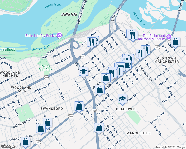 map of restaurants, bars, coffee shops, grocery stores, and more near 203 West 15th Street in Richmond