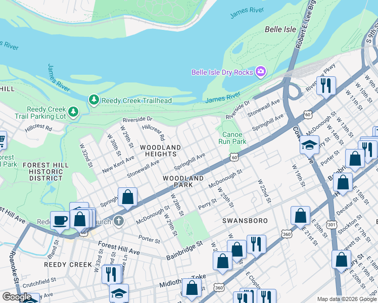 map of restaurants, bars, coffee shops, grocery stores, and more near 600 West 25th Street in Richmond