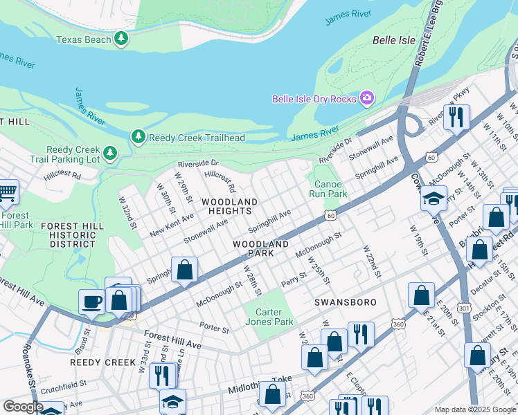 map of restaurants, bars, coffee shops, grocery stores, and more near 605 West 27th Street in Richmond