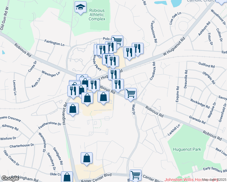 map of restaurants, bars, coffee shops, grocery stores, and more near 11400 Belvedere Vista Lane in Bon Air