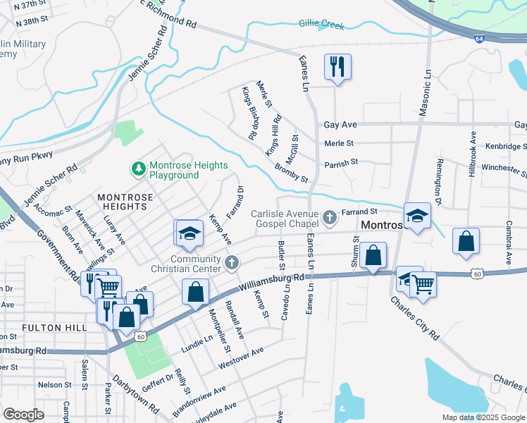 map of restaurants, bars, coffee shops, grocery stores, and more near 2300 Farrand Street in Richmond