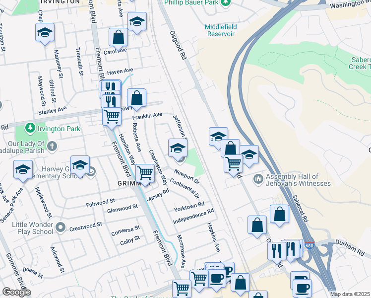 map of restaurants, bars, coffee shops, grocery stores, and more near 3548 Monmouth Place in Fremont