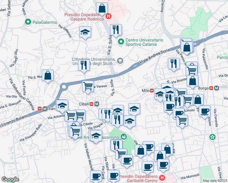map of restaurants, bars, coffee shops, grocery stores, and more near 20 Via San Sofia in Catania