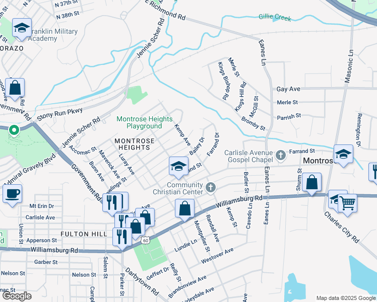 map of restaurants, bars, coffee shops, grocery stores, and more near 2218 Bailey Drive in Richmond