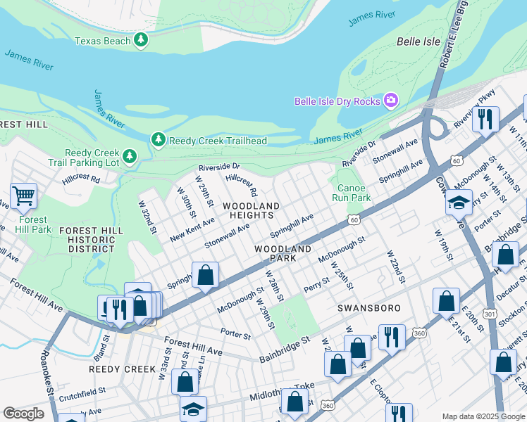 map of restaurants, bars, coffee shops, grocery stores, and more near in Richmond