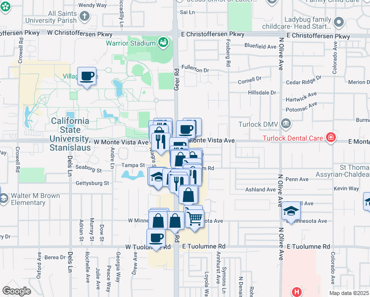 map of restaurants, bars, coffee shops, grocery stores, and more near 110 Hayes Drive in Turlock
