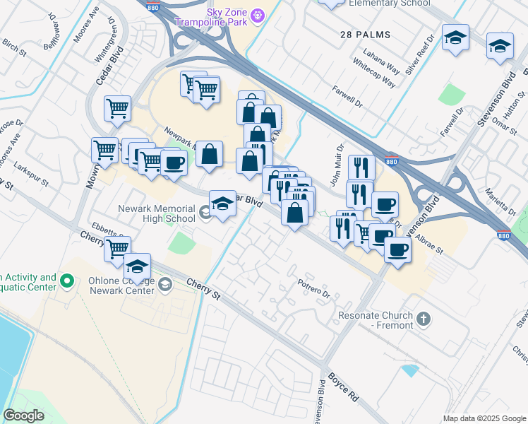 map of restaurants, bars, coffee shops, grocery stores, and more near 6023 Joaquin Murieta Avenue in Newark