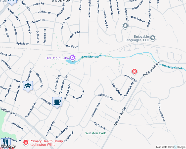 map of restaurants, bars, coffee shops, grocery stores, and more near 2443 Trefoil Way in Richmond
