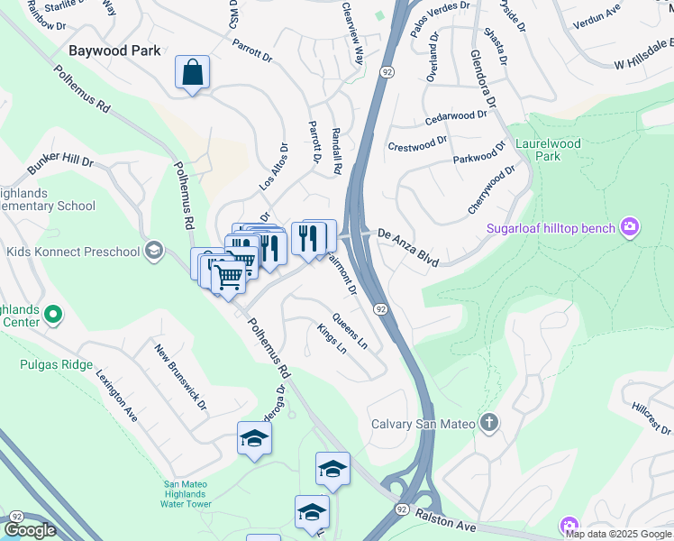 map of restaurants, bars, coffee shops, grocery stores, and more near 2016 Fairmont Drive in San Mateo