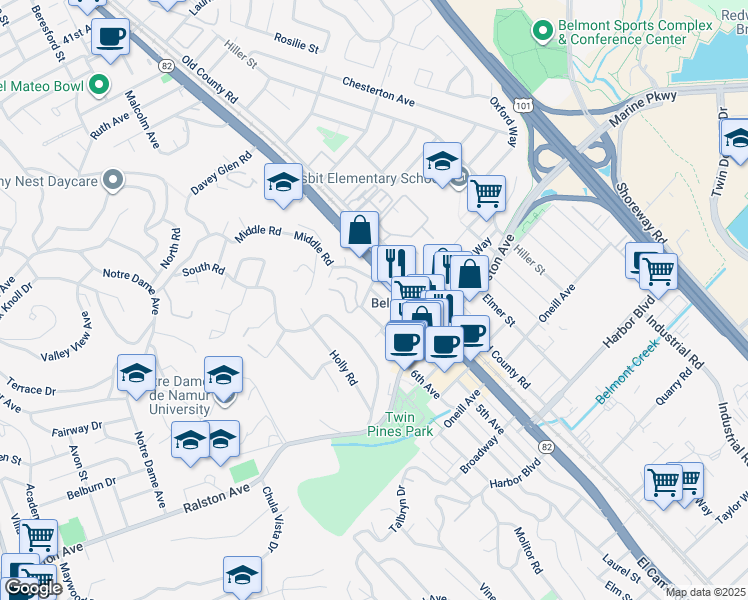map of restaurants, bars, coffee shops, grocery stores, and more near 855 Laurel Avenue in Belmont