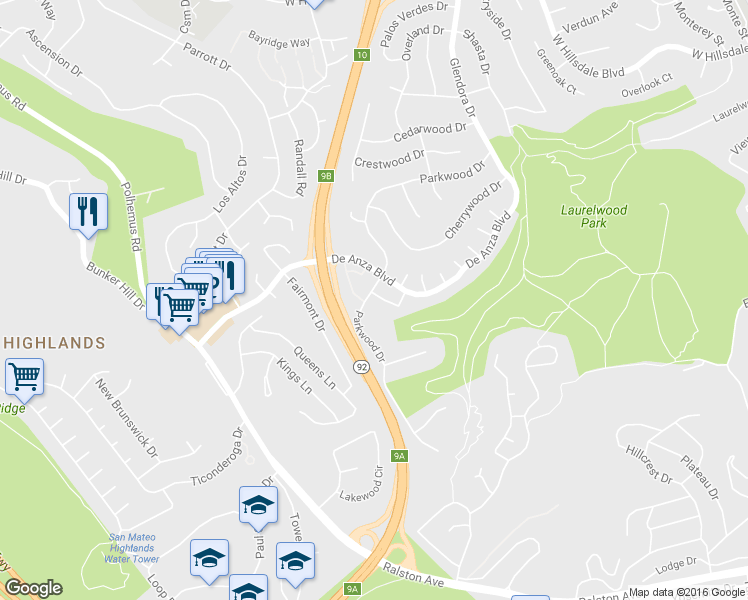 map of restaurants, bars, coffee shops, grocery stores, and more near 1673 Sugarloaf Drive in San Mateo