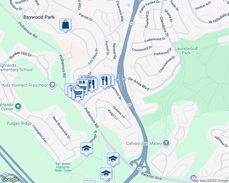 map of restaurants, bars, coffee shops, grocery stores, and more near 9 De Anza Court in San Mateo