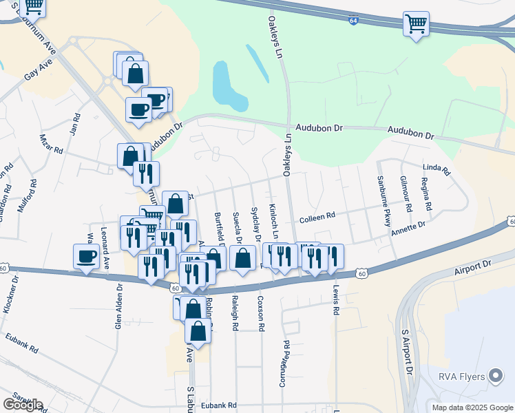 map of restaurants, bars, coffee shops, grocery stores, and more near 4811 Sydclay Drive in Richmond