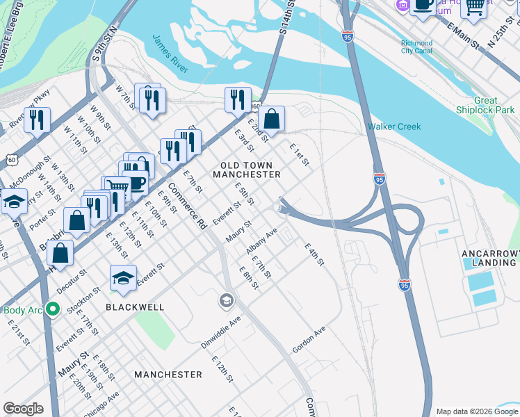 map of restaurants, bars, coffee shops, grocery stores, and more near 418 Maury St in Richmond
