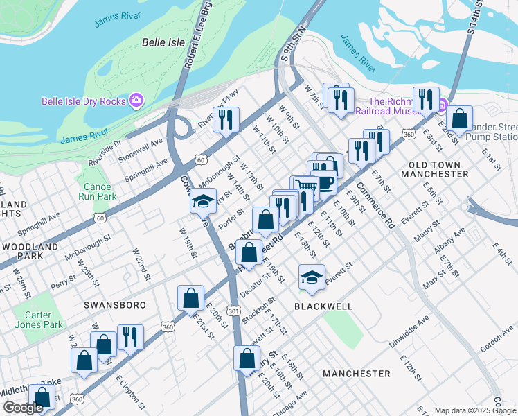 map of restaurants, bars, coffee shops, grocery stores, and more near 1323 Bainbridge Street in Richmond