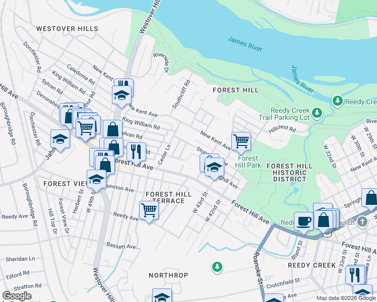 map of restaurants, bars, coffee shops, grocery stores, and more near 4403 Forest Hill Avenue in Richmond