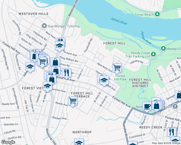 map of restaurants, bars, coffee shops, grocery stores, and more near 4403 Forest Hill Avenue in Richmond