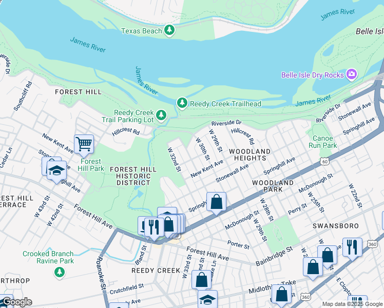 map of restaurants, bars, coffee shops, grocery stores, and more near 903 West 31st Street in Richmond