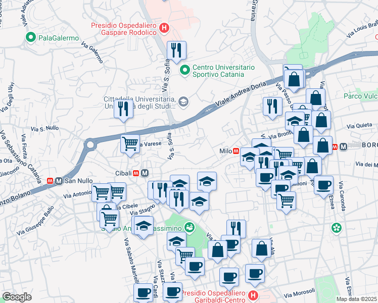 map of restaurants, bars, coffee shops, grocery stores, and more near 20 Via Santa Sofia in Catania