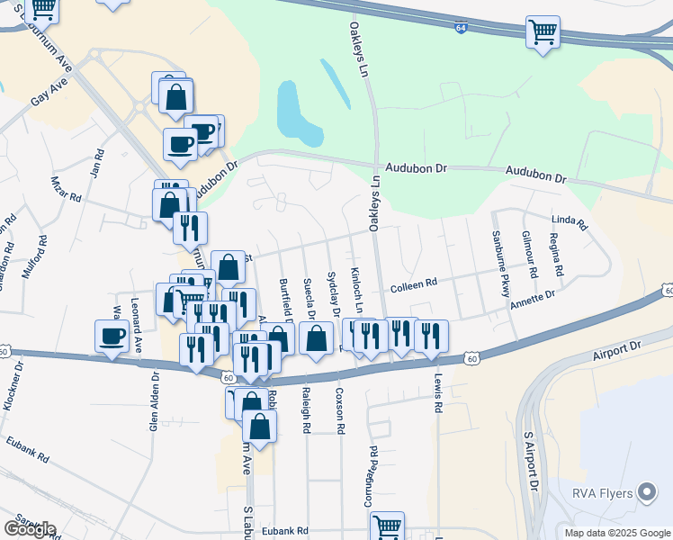map of restaurants, bars, coffee shops, grocery stores, and more near 4811 Sydclay Drive in Richmond