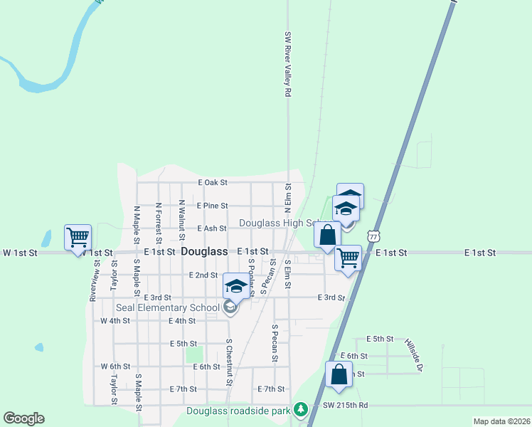 map of restaurants, bars, coffee shops, grocery stores, and more near 620 East Ash Street in Douglass